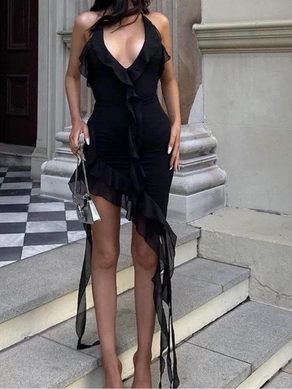 Elegant Black Ruffled Halter Bodycon Dress